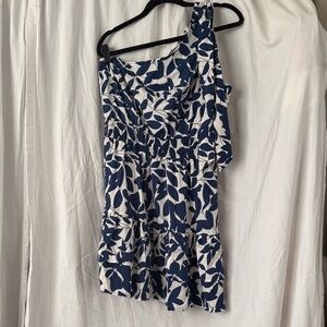 SHEIN Navy and White One-Shoulder Leaf-Print Dress